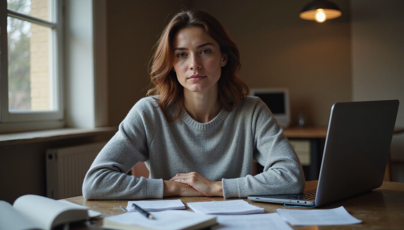 A woman in a cozy home office compares car insurance quotes online. A woman in a cozy home office compares car insurance quotes online.