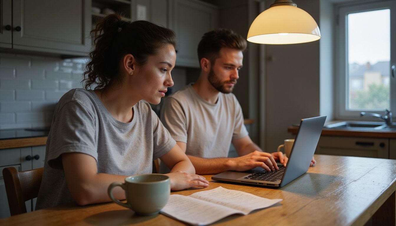 A couple collaborates on a laptop at a cozy kitchen table. A couple collaborates on a laptop at a cozy kitchen table.