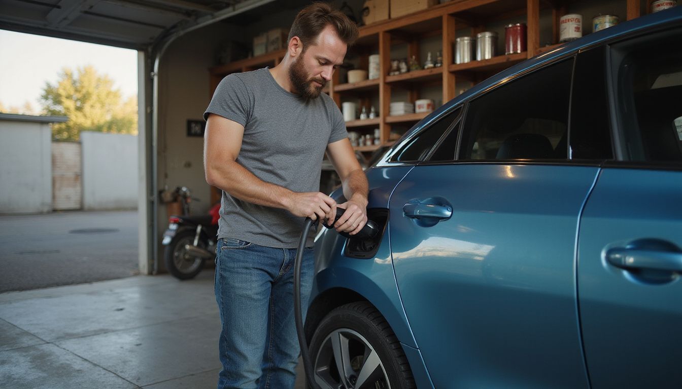 Man charging a BMW iX in a modest garage setting. Man charging a BMW iX in a modest garage setting.