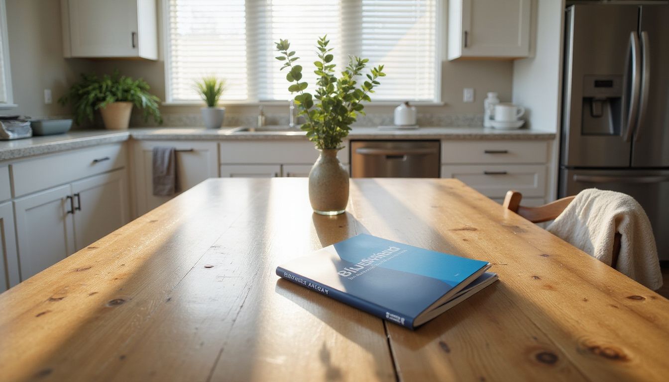 A cozy suburban kitchen with everyday items and health insurance booklet. A cozy suburban kitchen with everyday items and health insurance booklet.