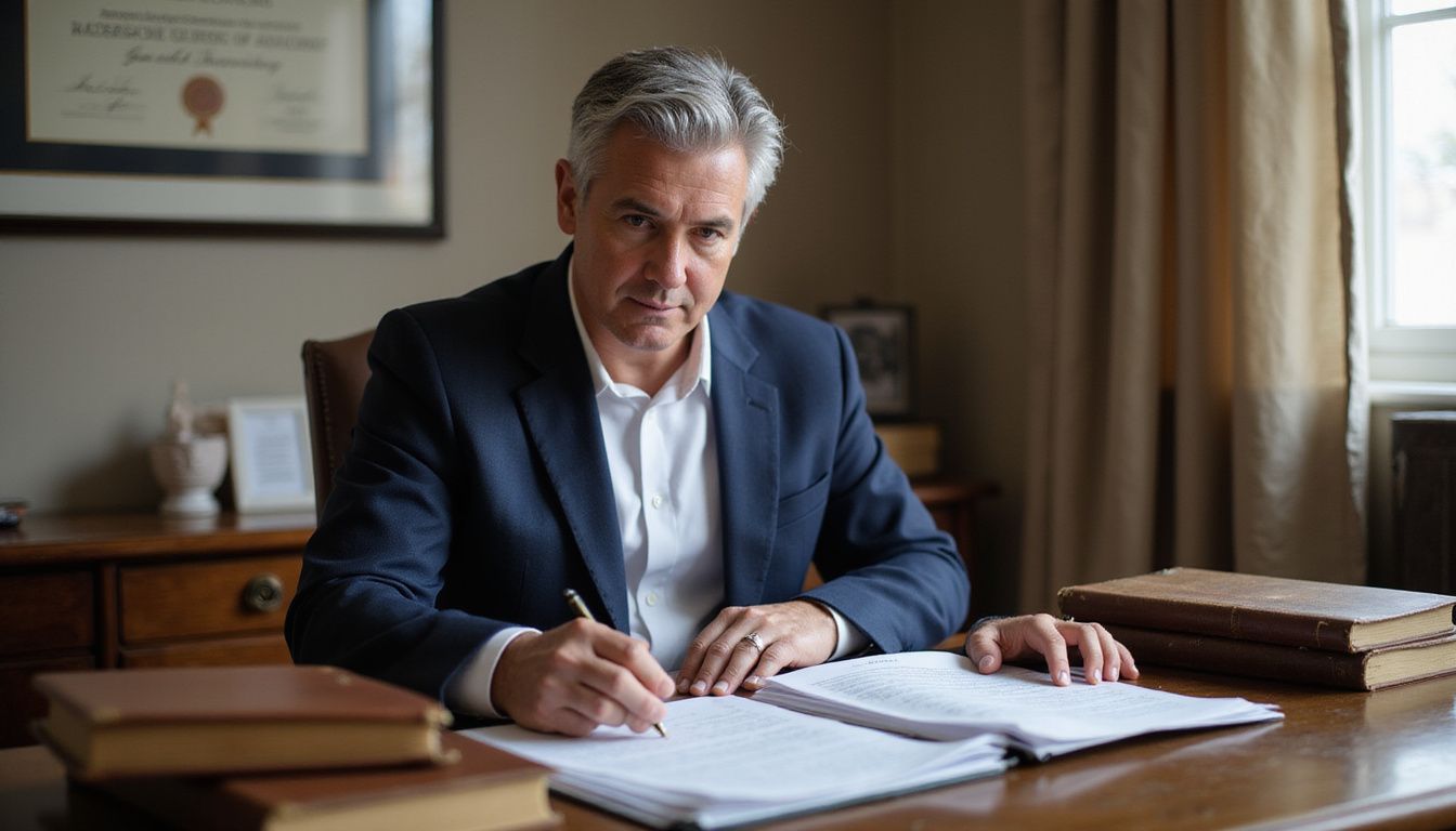 An attorney at a desk focused on car accident legal cases. An attorney at a desk focused on car accident legal cases.
