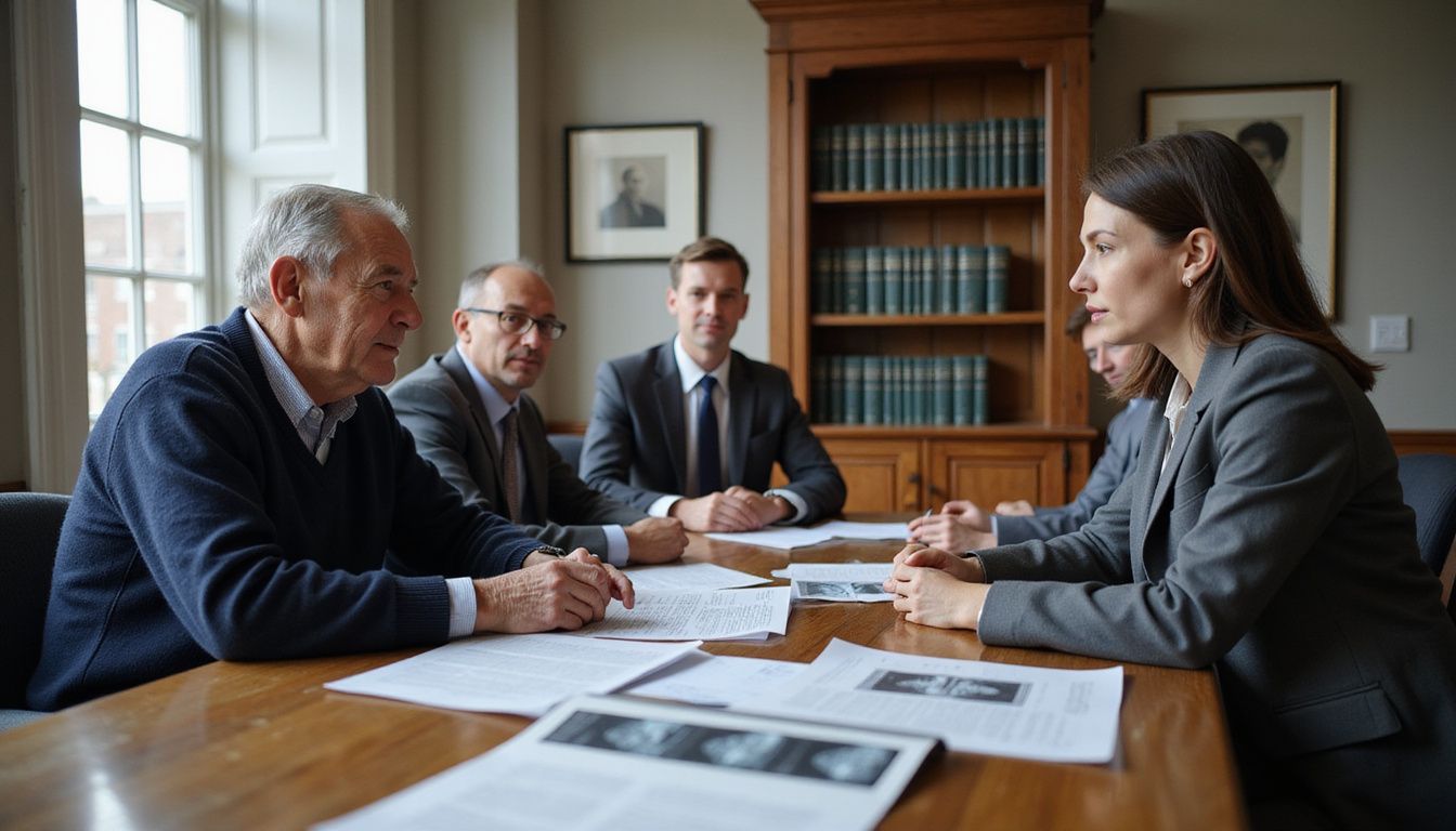 An elderly man consults a mesothelioma lawyer in a professional setting.