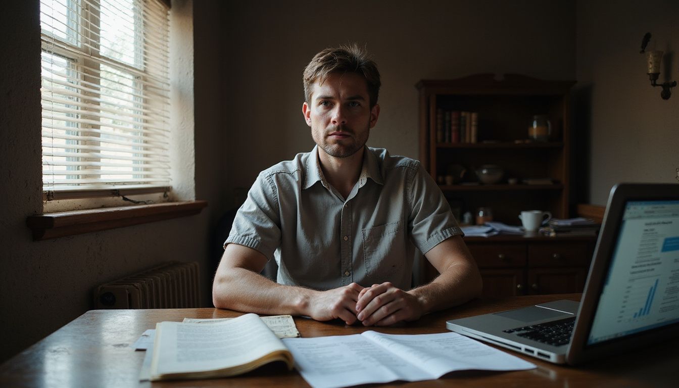 An individual researches DUI laws at a cluttered wooden desk. An individual researches DUI laws at a cluttered wooden desk.