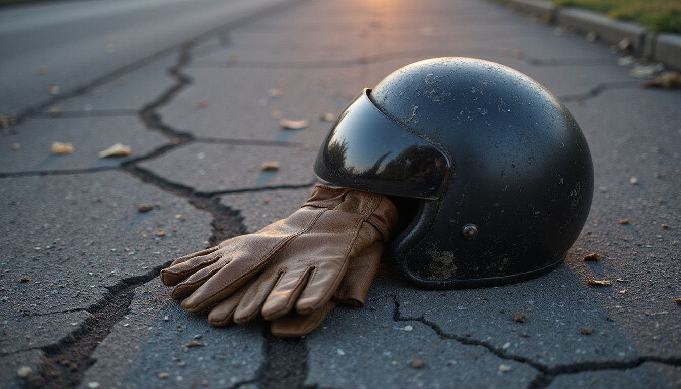 A motorcycle helmet and gloves on cracked asphalt evoke a crash scene. A motorcycle helmet and gloves on cracked asphalt evoke a crash scene.
